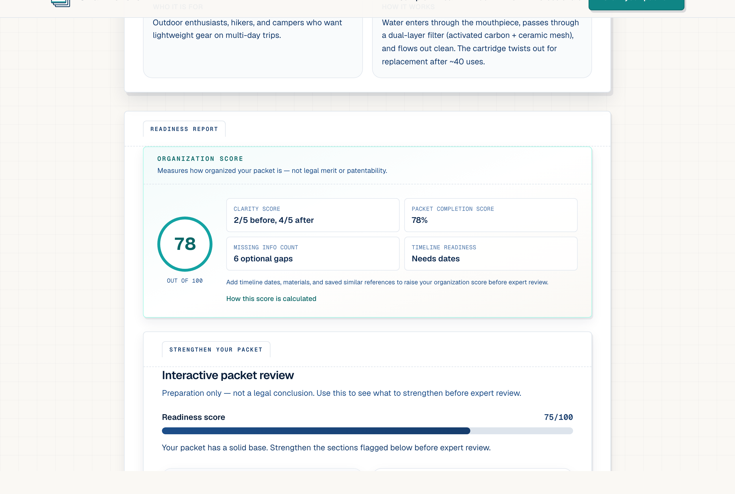 SmartProBonoIP readiness report showing organization score, missing info count, and interactive packet review gaps