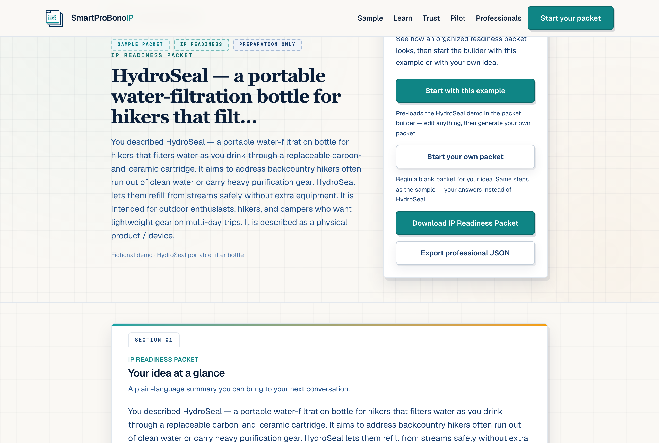 SmartProBonoIP sample IP Readiness Packet overview for the HydroSeal demo with summary and dossier sections